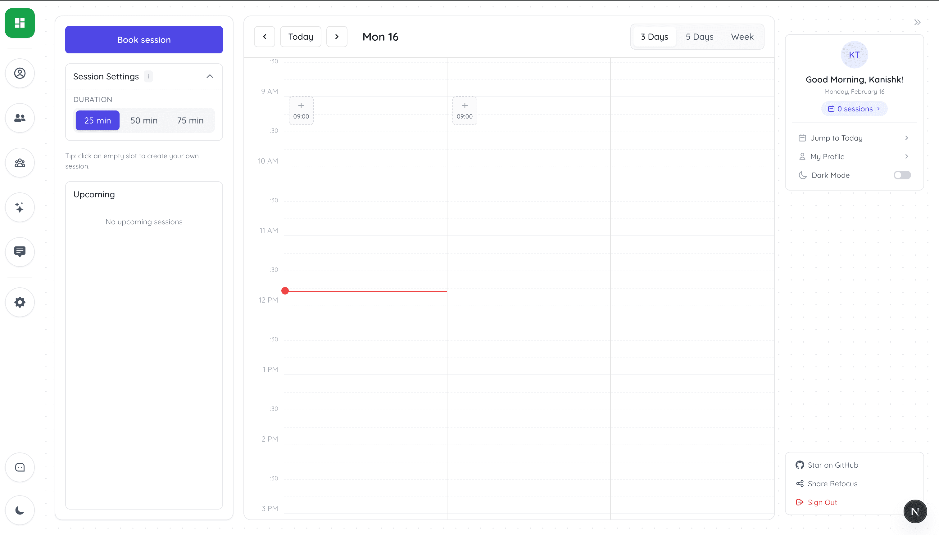 Refocus dashboard with an active focus session